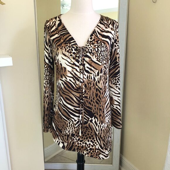Vintage 90s Kaelyn Max Leopard Print Satiny Bell Sleeve Top Blouse Small - Picture 6 of 12